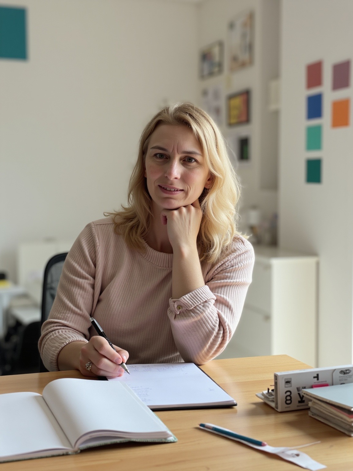 Frau arbeitet an einem Schreibtisch mit Notizbuch.