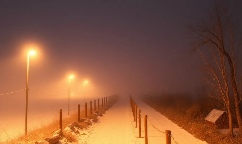 Nebeliger Weg mit Straßenlaternen in der Nacht.